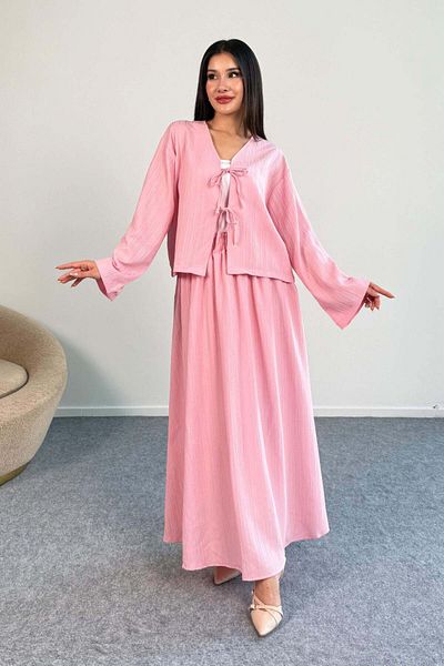 Hatun Atila Tie Detailed Jacket and Long Skirt Double Set 8842 - Pink