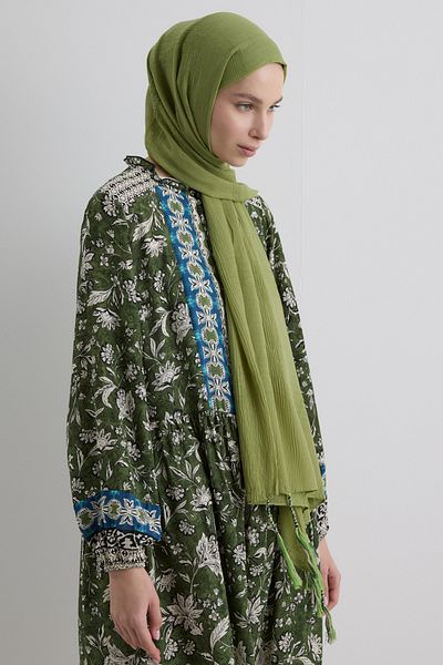 FENZA SCARF Brice Çağla Green Long Fringe Tassel Cotton Shawl