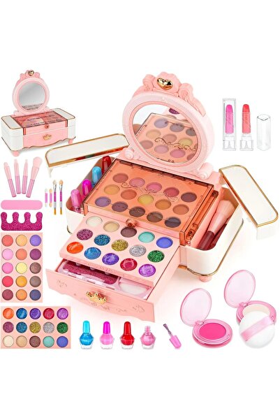 WePro Store Trusă de machiaj pentru copii roz, oglindă, ruj, fard de pleoape, ojă, pensulă, netoxică, solubilă în apă
