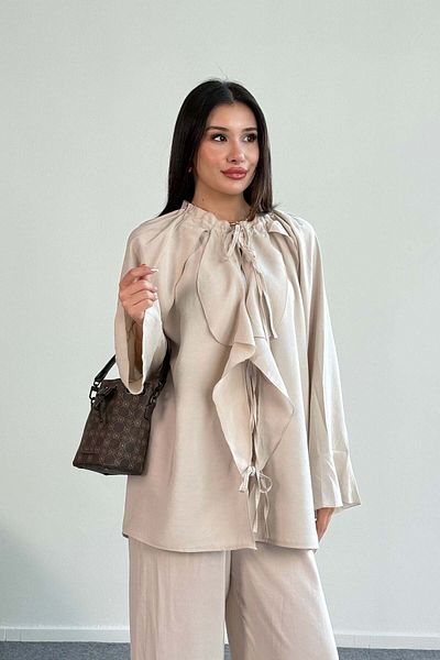 Hatun Atila Ruffled Tie-Up Detailed Shirt and Wide Leg Pants Two-Piece Set 2027 - Beige