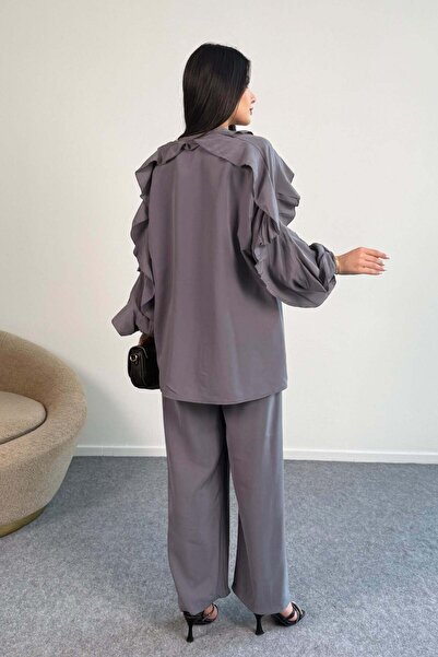 Hatun Atila Ruffle Detail Long Sleeve Blouse and Wide Leg Pants Two Piece Set 8023 - Grey