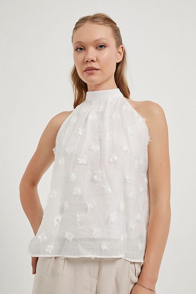 Arma Life Women's Sleeveless Summer Tight Neck Tie-Up White Blouse