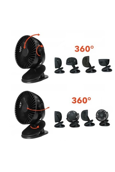 zola Wireless desk fan, 3 speeds, wave mode, 360°, clips, USB, 5W, rechargeable, black