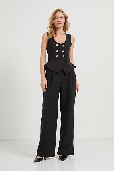 Arma Life Women's Summer Strap Buttoned Black Pants Jumpsuit