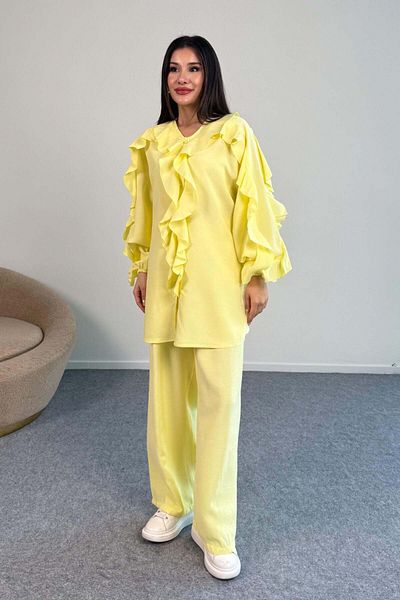 Hatun Atila Ruffle Detail Long Sleeve Blouse and Wide Leg Pants Two Piece Set 8023 - Yellow