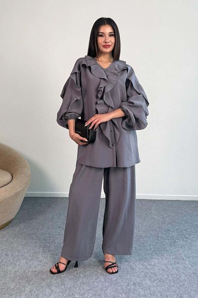 Hatun Atila Ruffle Detail Long Sleeve Blouse and Wide Leg Pants Two Piece Set 8023 - Grey
