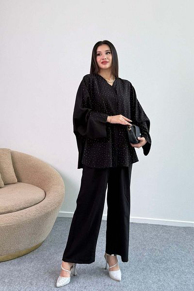 Hatun Atila Flowy Cutout Rhinestone Wide Sleeve Blouse and Wide Leg Pants Two Piece Set 8838 - Black