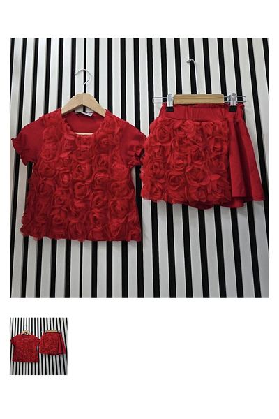 Zuzu Red Girl's Suit with Rose Shorts Skirt