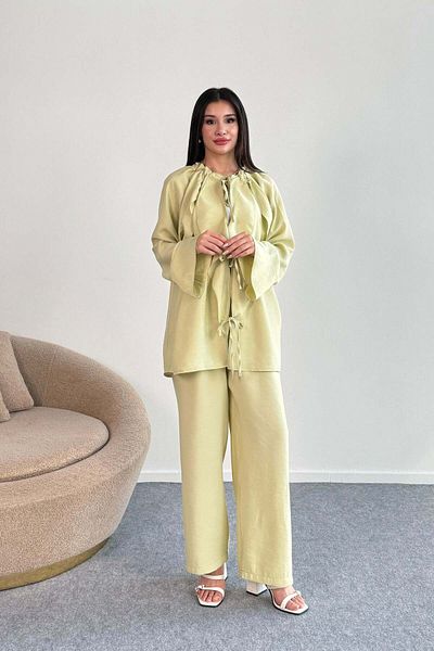 Hatun Atila Ruffled Tie-Up Detail Shirt and Wide Leg Pants Two-Piece Set 2027 - Pistachio Green