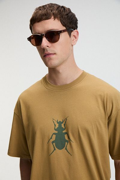 GRIMELANGE Bold Men's 100% Cotton Oversize Fit Printed Short Sleeve Round Neck Dark Beige T-Shirt