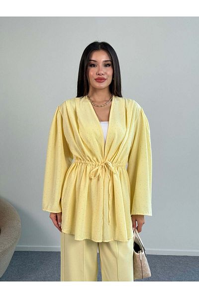 Hatun Atila Long Sleeve Blouse with Rhinestone Ruffle Tie Detail and Wide Leg Pants Two Piece Set 8022 - Yellow