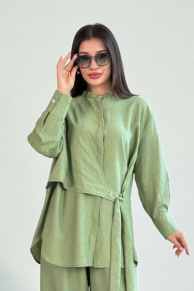 Hatun Atila Lacing Detailed Shirt and Wide Leg Pants Double Set 2519 - Green