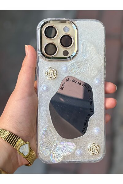 Caseji iPhone 16 Pro Max Uyumlu 3D Kelebekli Boncuklu Aynalı Işıldayan Kılıf