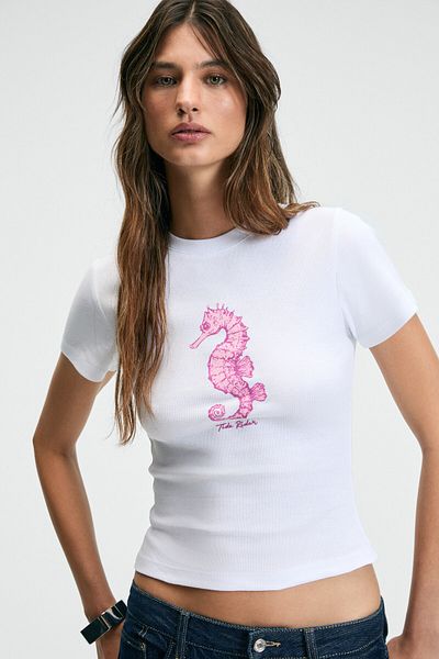 GRIMELANGE Athea Women's Crew Neck Short Sleeve Front Printed Slim White - Pink Printed T-Shirt
