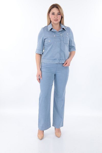 EXİTLİNE Women's Double Special Stone Summer Indigo Blue Suit Jacket Trousers