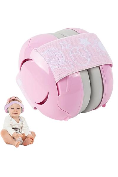 WePro Store Căști de protecție pentru urechi pentru bebeluși 3-36 luni, protecție fonică, fixare sigură, bandă elastică, roz gri