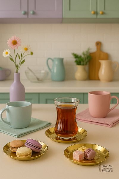 Fiyakalı Ürünler Atölyesi 6 Pieces Stainless Steel Gold Color Tea Plate Set, Coaster, Stylish, Presentation, Invitation, Guest Presentation
