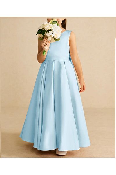 NSMLİFE Girls Kids A-Line Pleated Plain Satin Long Dress Graduation Birthday Prom Dress