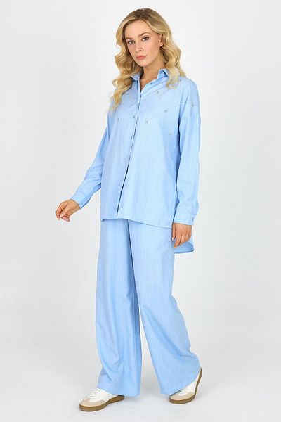 DAMGA JEANS Women's Stoned Oversize Shirt Wide Leg Baggy Pants Bottom Top Set Ice Blue