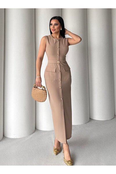 HARMONY GLOBAL Vizon Atika Kemer ve Gold Düğme Detaylı Elbise – Modern ve Zarif Model 7335