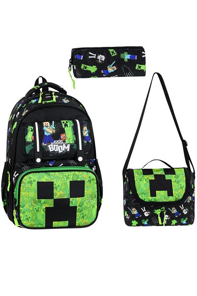 Çınka Bags Parachute Fabric Covered Orthopedic Back Supported Primary School Bag with Foil Lunchbox and Pen Holder