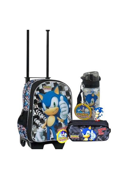 Sonic Licensed School Bag with Ruler, 2 Compartment Pen Holder - Water Bottle Flask Gift