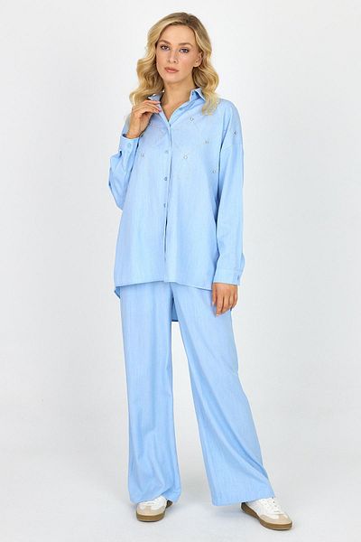 DAMGA JEANS Women's Stoned Oversize Shirt Wide Leg Baggy Pants Bottom Top Set Ice Blue
