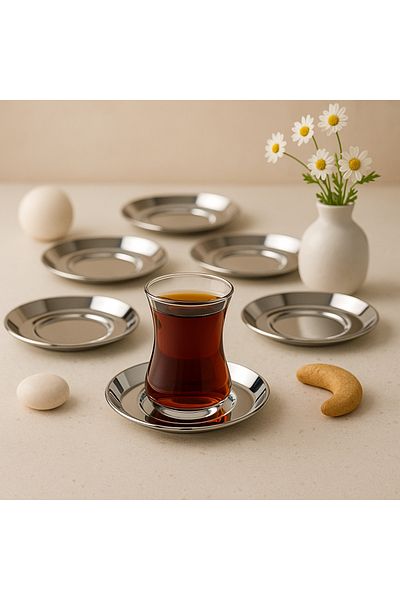 Fiyakalı Ürünler Atölyesi 6 Pieces Stainless Steel Gold Color Tea Plate Set, Coaster, Stylish, Presentation, Invitation, Guest Presentation