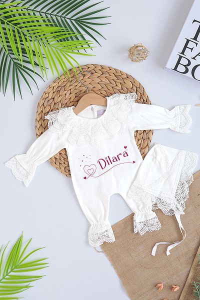 Sitilin Baby Girl Organic Name Printed Luxury Jumpsuit Set with Lace Hat Stl7030