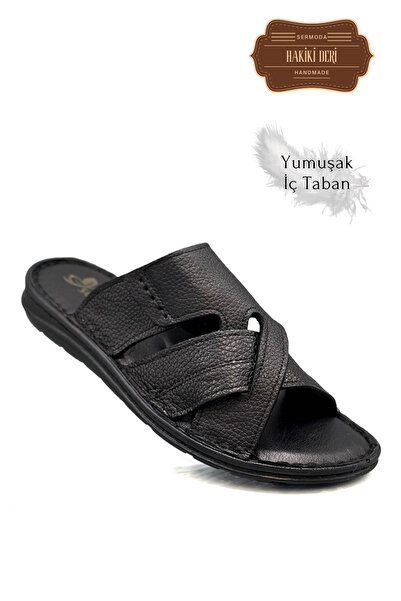 sermoda Genuine Real Leather Men's Slippers Lightweight Slippers Leather g Sir Black