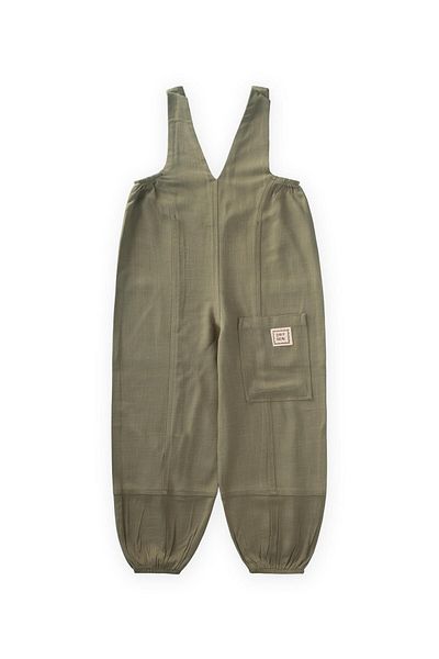 Cigit V Neck Elastic Leg Linen Salopet 2-7 Years Khaki Green