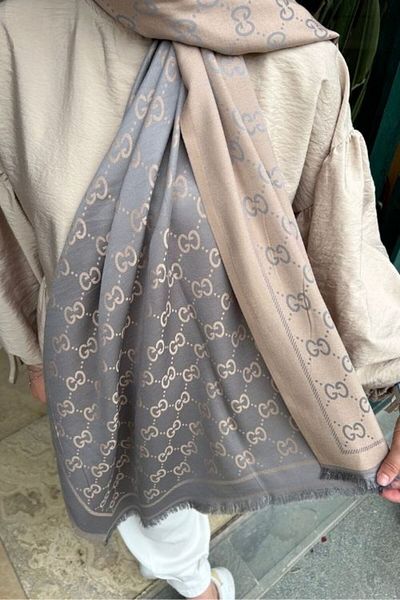 Sima Dark Gray Gg Pattern Thin Cashmere Shawl