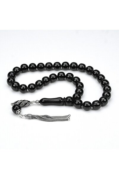 BlackCraft Oltu Taşı İşlemesiz Gümüş Püsküllü Küre Tespih