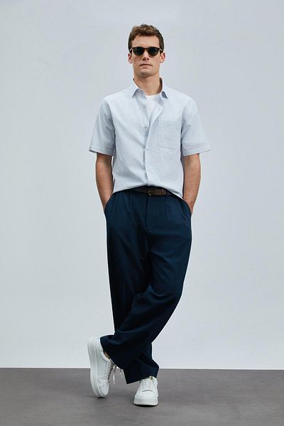 Lufian Ανδρικό βαμβακερό πουκάμισο με ρίγες Navy Blue Kamer Regular Fit (111010642)