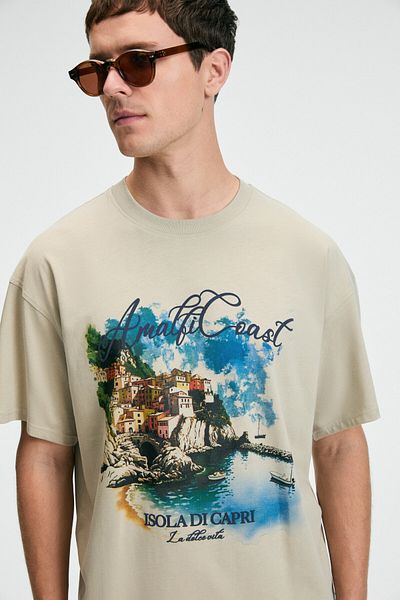GRIMELANGE Zest Men's 100% Cotton Oversize Fit Printed Short Sleeve Round Neck Stone Color T-Shirt
