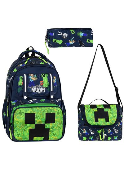 Çınka Bags Parachute Fabric Covered Orthopedic Back Supported Primary School Bag with Foil Lunchbox and Pen Holder