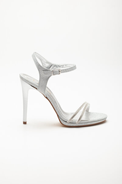 LİLLA Women's High Thin Heel Stone Evening Dress Silver Color Evening Dress Shoes