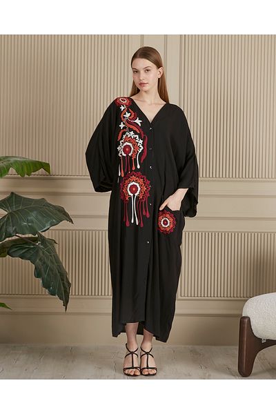 EL jadida Women's Embroidered Buttoned Plus Size Viscose Long Dress Black