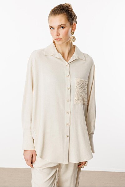 Moda İlgi Modailgi Robası ve Cebi Güpür Detaylı Oversize Keten Gömlek Orijinal