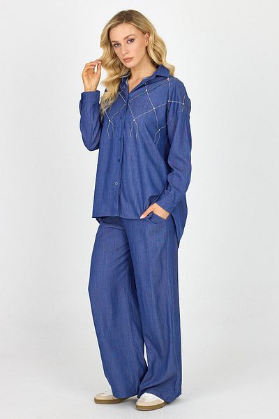 DAMGA JEANS Women's Stoned Oversize Shirt Loose Leg Baggy Pants Bottom Top Set Blue