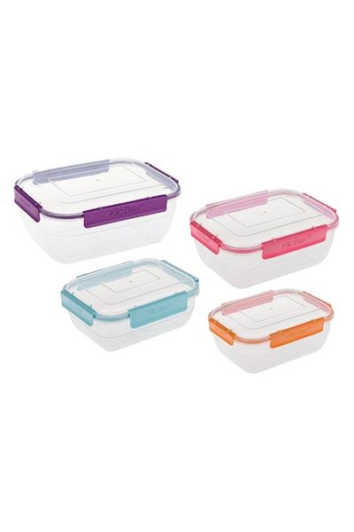 SyaMAG Recipiente alimentare KlicBox, Set de 4 bucăți, Capac multicolor, Capacitate 350/750/1320/2200 ml, Transparent,