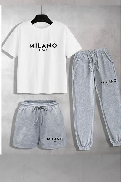 NO 601 Unisex White Oversize Cut Milano Printed T-Shirt Gray Shorts and Tracksuit 3 Piece Set