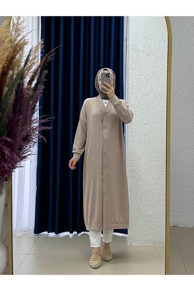 MİHRA STORE Serelle Front Buttoned Ayrobin Long Cardigan-Fa793 Stone