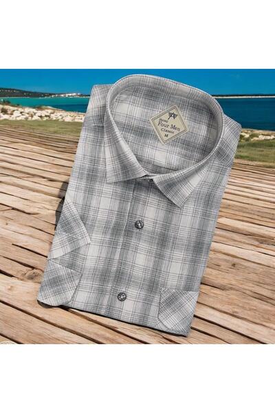 EREN STYLE Cămașă gri pentru tată, cu mânecă scurtă, cu două buzunare, din in...