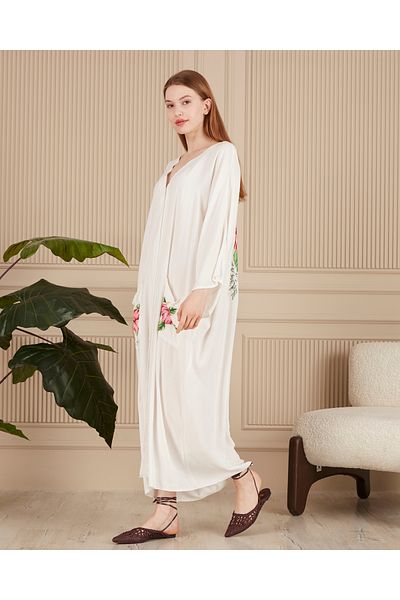 EL jadida Women's Printed Buttoned Plus Size Viscose Long Dress White