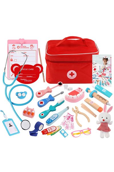 LUDIRO Trusa Medicala din Lemn Utility One, Accesorii Dentare, Termometru, Stetoscop, Seringa, Mulaj Dentar