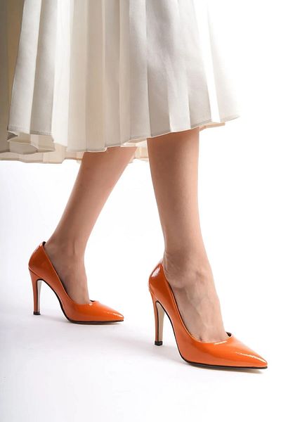 YASEMİN Women's Orange Patent Leather Pointed Toe Mirror Heel Stiletto 9 cm Heeled Shoes - Catelyn
