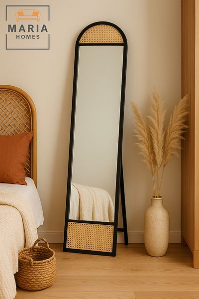 MARIA HOMES Arched Full-Length Black Wood Mirror – 170x40 cm with Rattan Accents