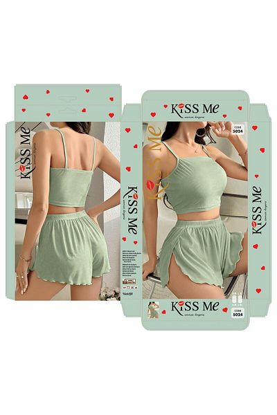 Ruselin Kiss Me Lycra Shorts Nightwear Set- Green