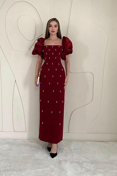 Elbee Fashion Woman Dress with Garnished Sleeves and Embroidery Detail